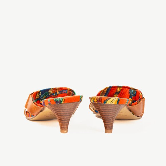 Hermes Brown Leather & Orange Printed-Silk Mule Sandals - Picture 4 of 11